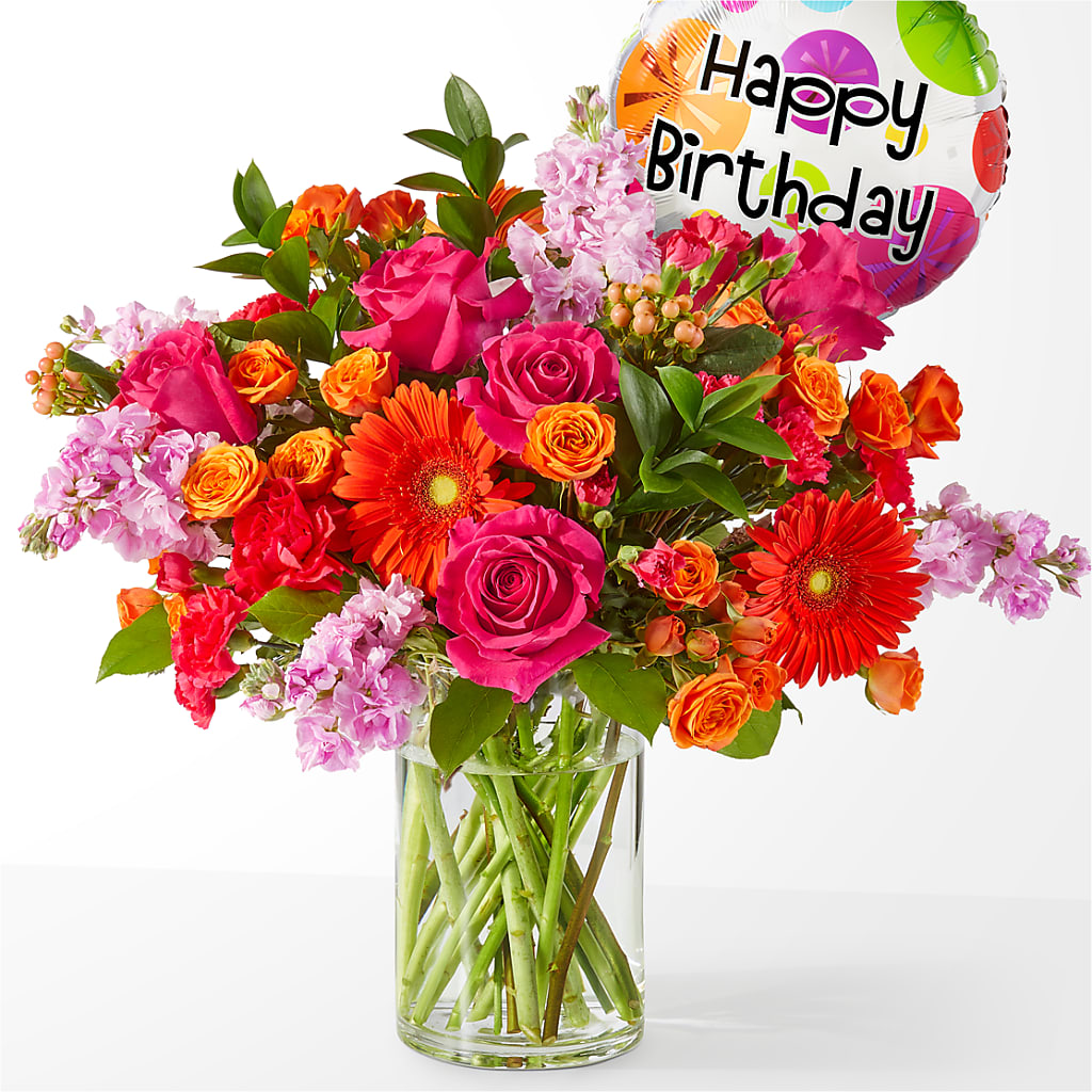 Fiesta Bouquet with Birthday Balloon – Blossom Avenue, Orangevale CA